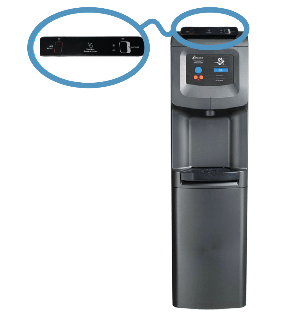 PSD Dispenser with PHSI 3i Bottleless Water Purifier by Hydrate HQ PSD sensor attached with water cooler